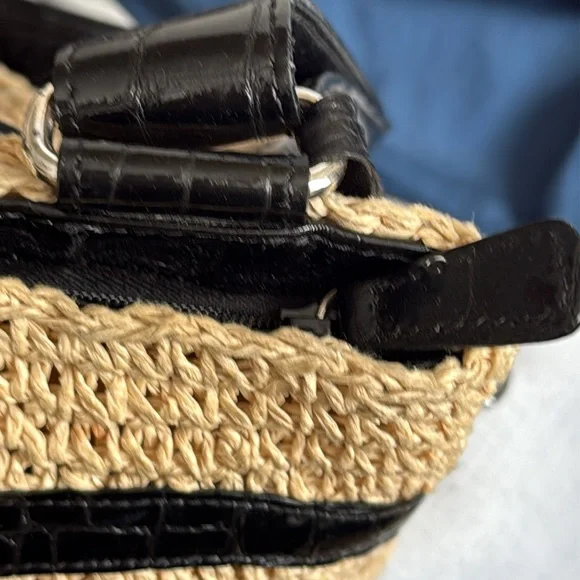 Brighton bag black patent leather trim strap raffia woven large roomy spring - Picture 11 of 17